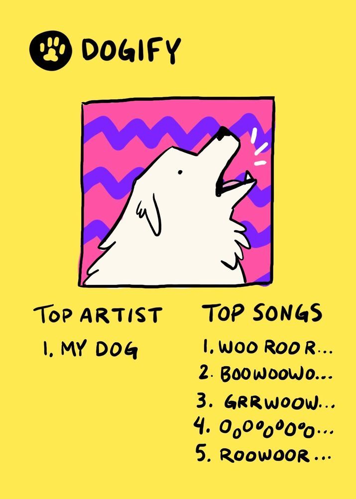 a hand drawn parody of a Spotify wrapped, where the album cover is a white fluffy dog with their mouth open. It reads: "Top artist: 1. My dog. Top songs: 1. Wooroor... 2. Boowoow... 3. Grrwoow... 4. Ooooooooo... 5. Roowoor..." a hand drawn parody of a Spotify wrapped, where the album cover is a white fluffy dog with their mouth open. It reads: "Top artist: 1. My dog. Top songs: 1. Wooroor... 2. Boowoow... 3. Grrwoow... 4. Ooooooooo... 5. Roowoor..."