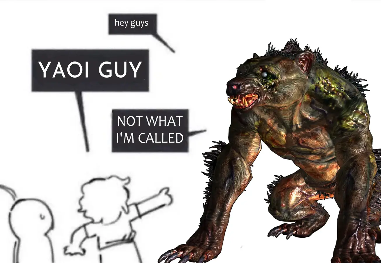 A Yao Guai introduces themself with "Hey guys". Someone points to them and goes "Yaoi Guy!" The Yao Guai responds with "Not what I'm called!"