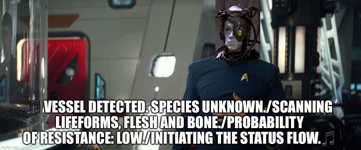 🎵Vessel detected.Species unknown./Scanning lifeforms, flesh and bone./Probability of resistance: low.
Initiating the status flow.🎵