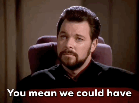 A gif of Cause & Effect's time loop discussion. Riker: "You mean we could have come into this room, sat at this table, and watched this meme a dozen times?" Geordi: "A dozen? A hundred? It's impossible to tell. We could have been trapped here for hours, days, maybe years." 