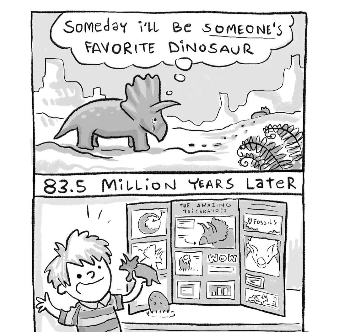 Triceretops saying "one day I'll be someone's favourite dinosaur" next panel shows a child excitedly picking up a triceratops figurine