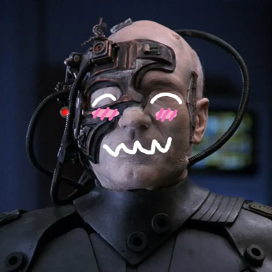 Locutus of Borg with kawaii-esque eyes, mouth, and blush
