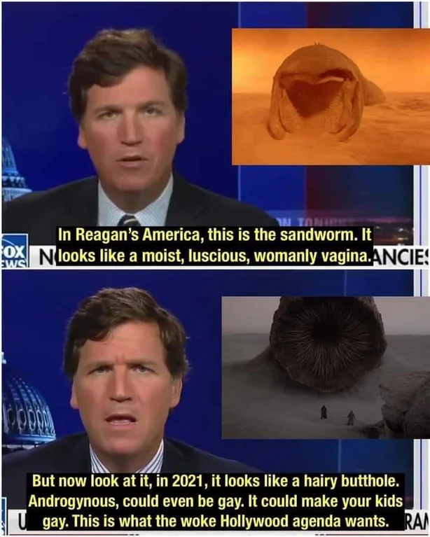 A parody of Tucker Carlson comparing sandworms in different Dune movies